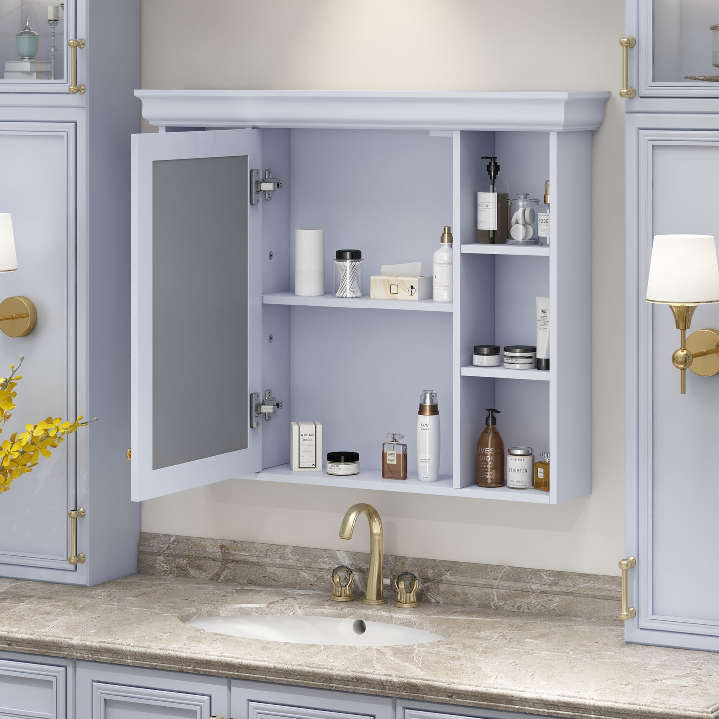 35'' x 28'' Blue Wall Mounted Bathroom Storage Cabinet with Mirror Door, Modern Bathroom Wall Cabinet with Mirror