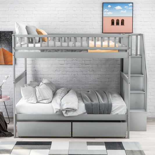 Full over Full Bunk Bed with Two Drawers and Storage, Gray Finish for Organized Bedrooms