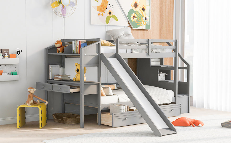 Twin over Twin Bunk Bed with Storage Staircase, Slide and Drawers, Desk with Drawers and Shelves  Gray