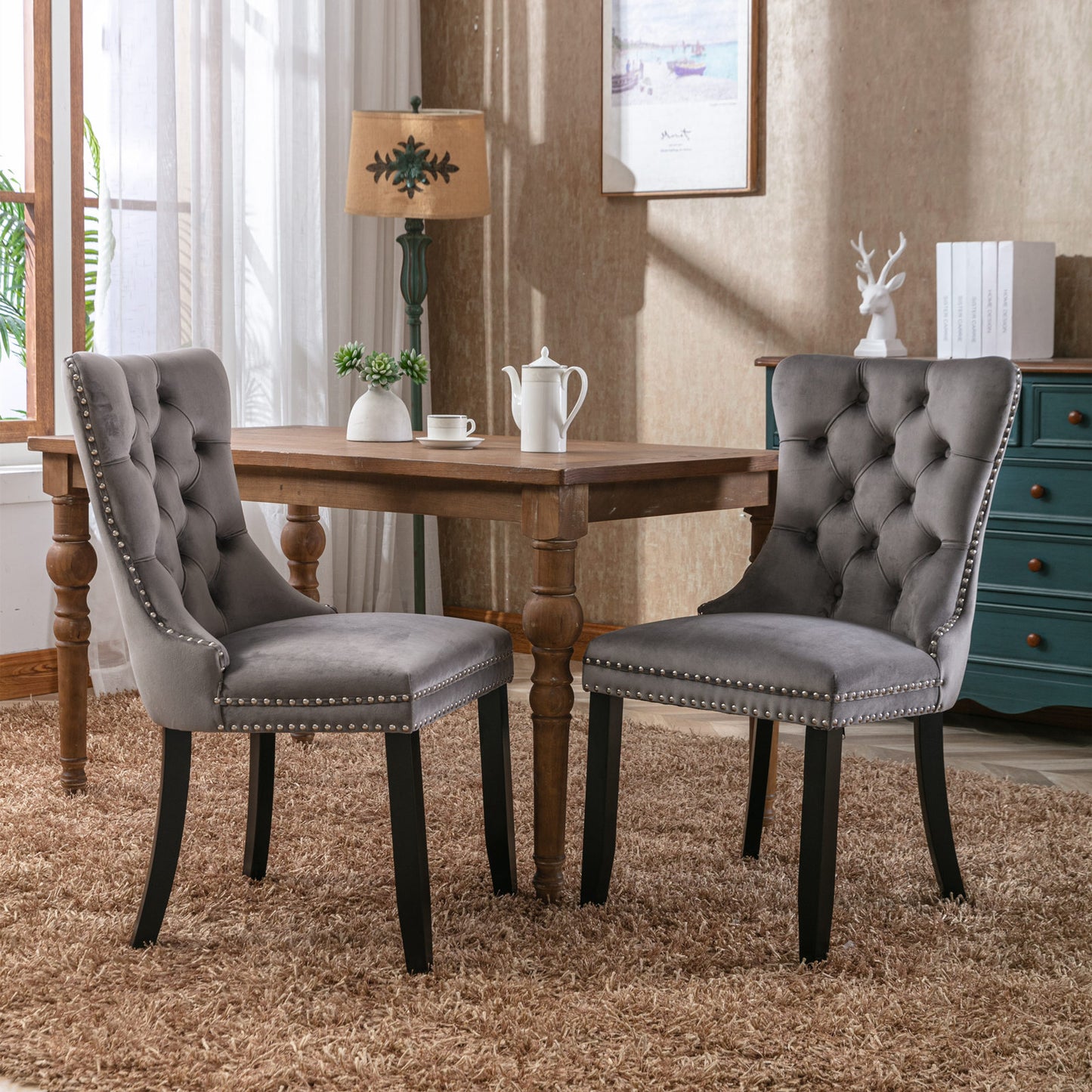 Modern high-end plush solid wood velvet cushioned dining chair with wooden leg nail head decoration, two piece set in gray