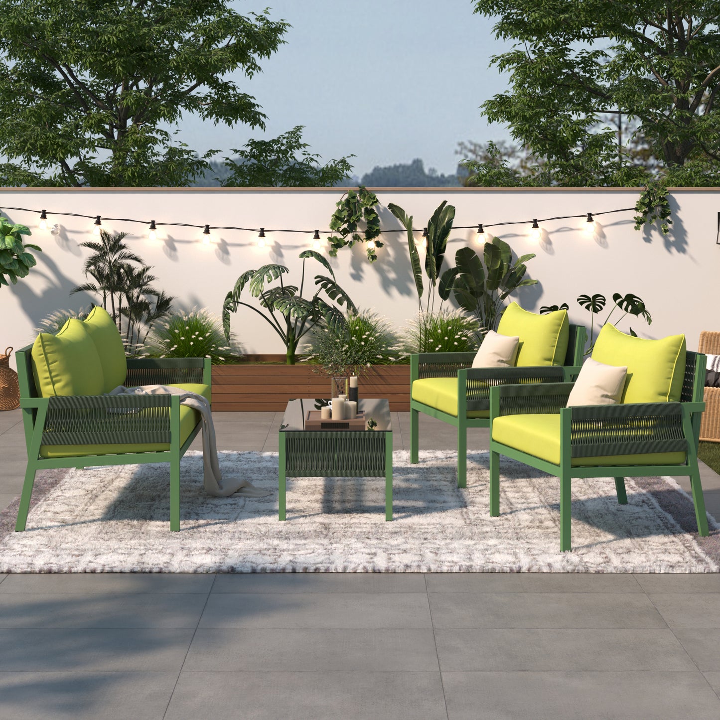 Outdoor Furniture with Tempered Glass Table, Deep Seating with Thick Cushions in Fluorescent Yellow and Green