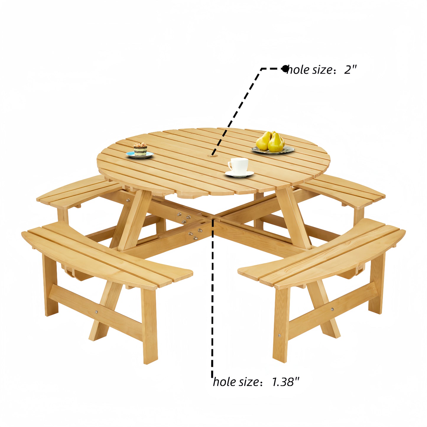 Outdoor picnic table for 8 people, circular picnic table for 8 people, with 4 embedded bench tables and bench sets