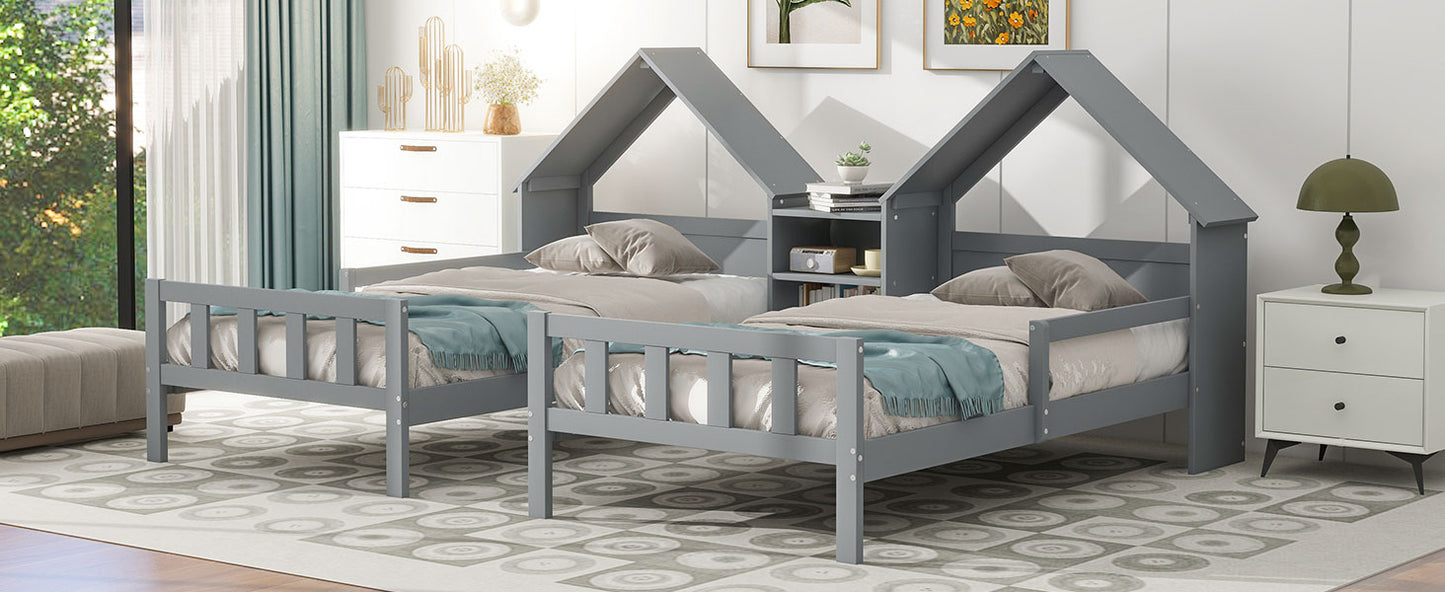 Double Twin Size Platform Bed with House-shaped Headboard and a Built-in Nightstand  Grey