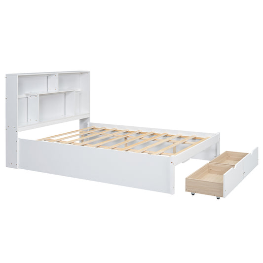 Queen Size Platform Bed with Storage Headboard and 2 Drawers, White