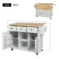 Kitchen trolley with rubber wood leaf countertop, 5-wheel kitchen island, storage cabinet and 3 dining drawers, white