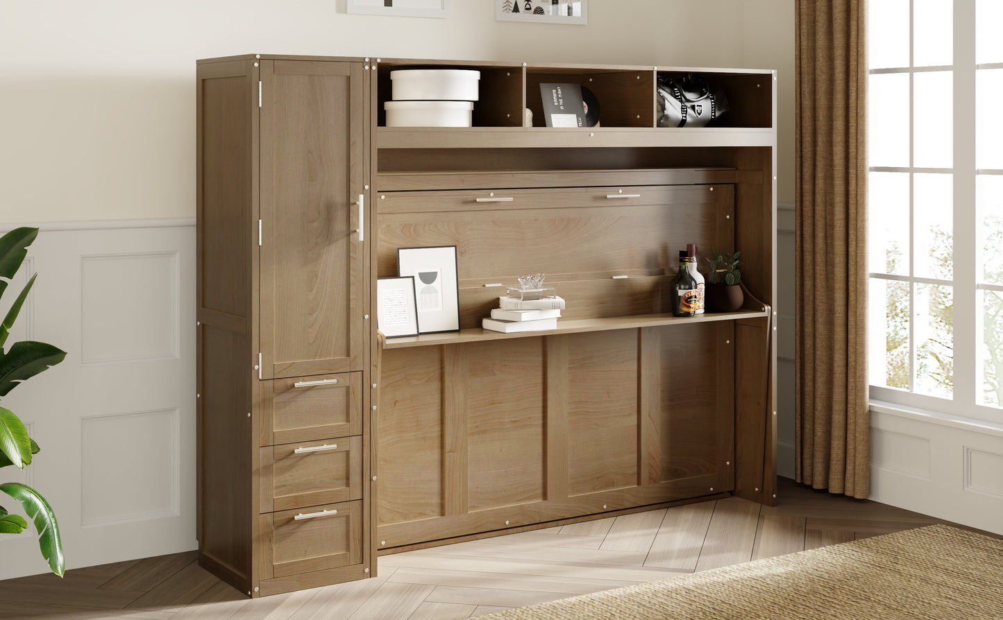 Full Size Murphy Bed with Wardrobe, Drawers, and Open Shelves, Antique Grey Finish for Functional Bedrooms