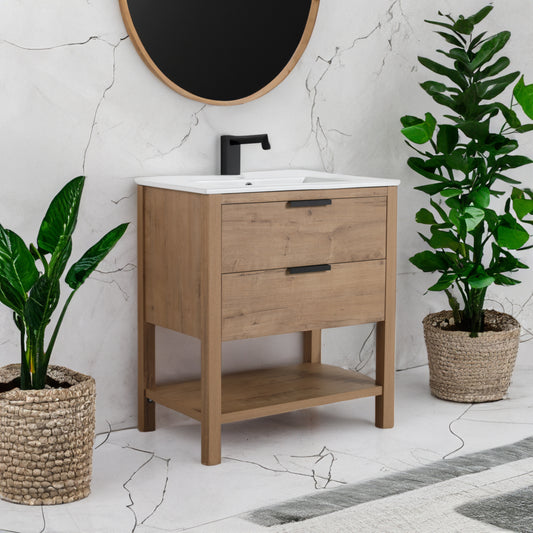 Mueble de baño de 30 pulgadas con construcción de madera contrachapada y 2 cajones, diseño moderno para baños