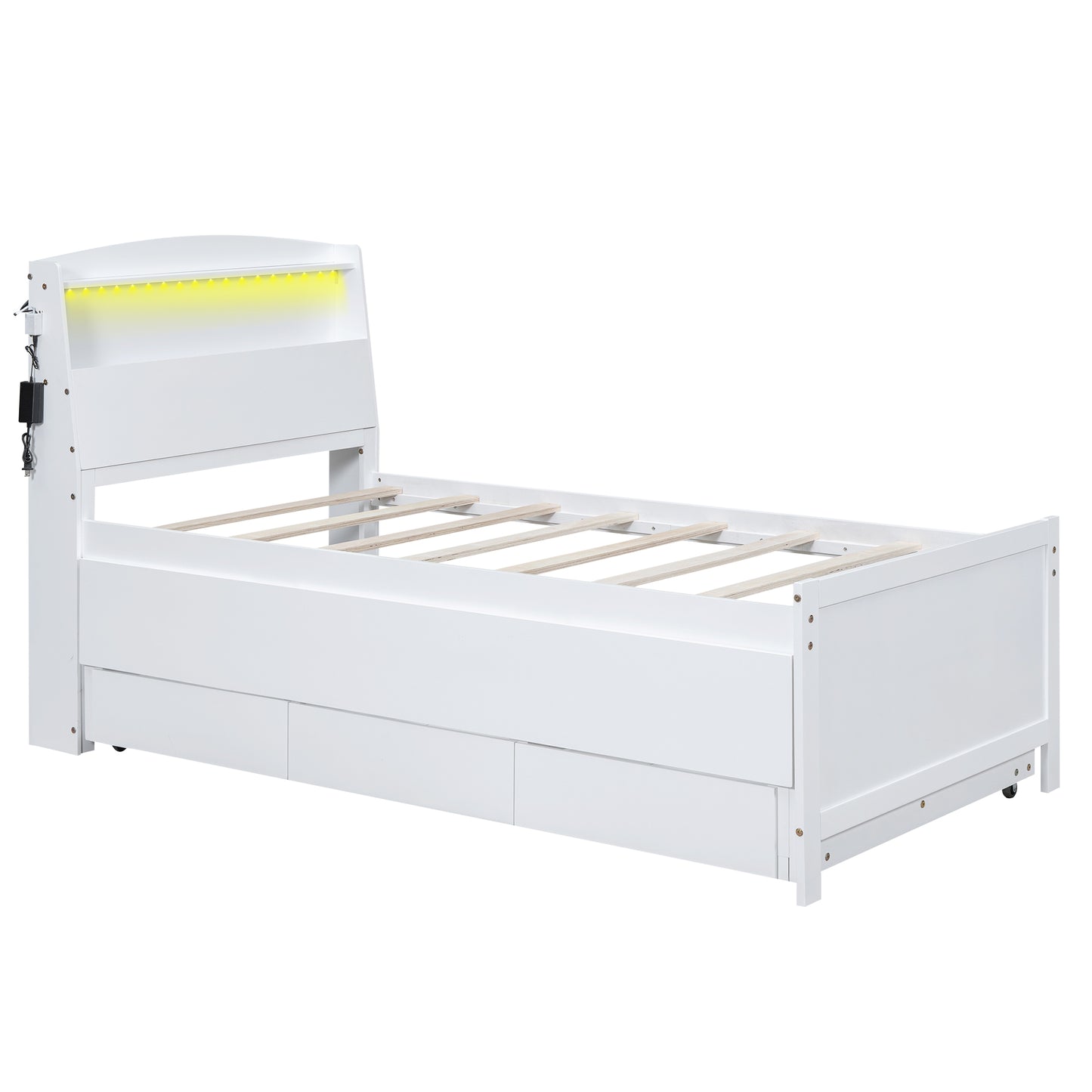 Twin Size Platform Bed with Storage LED Headboard Twin Size Trundle and 3 Drawers White