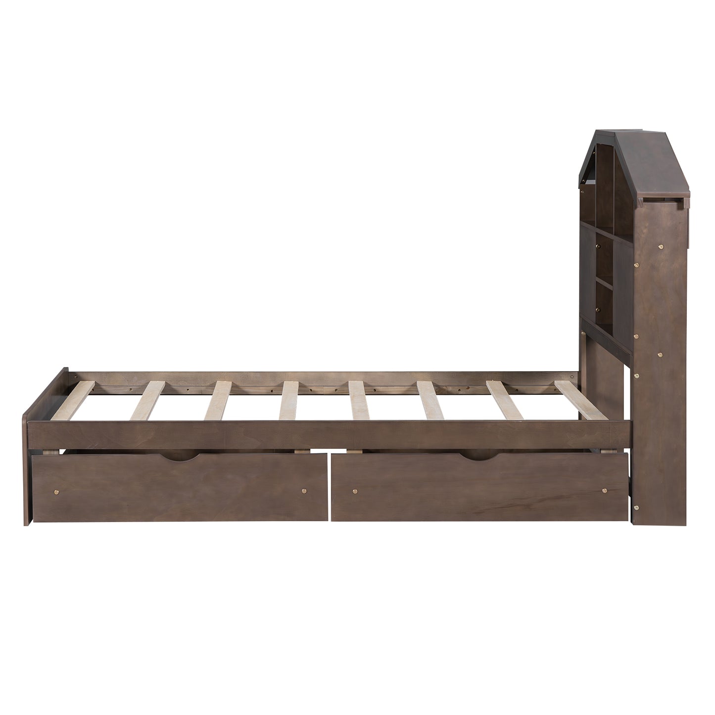 Twin Size Wood Platform Bed with House-shaped Storage Headboard and 2 Drawers Walnut