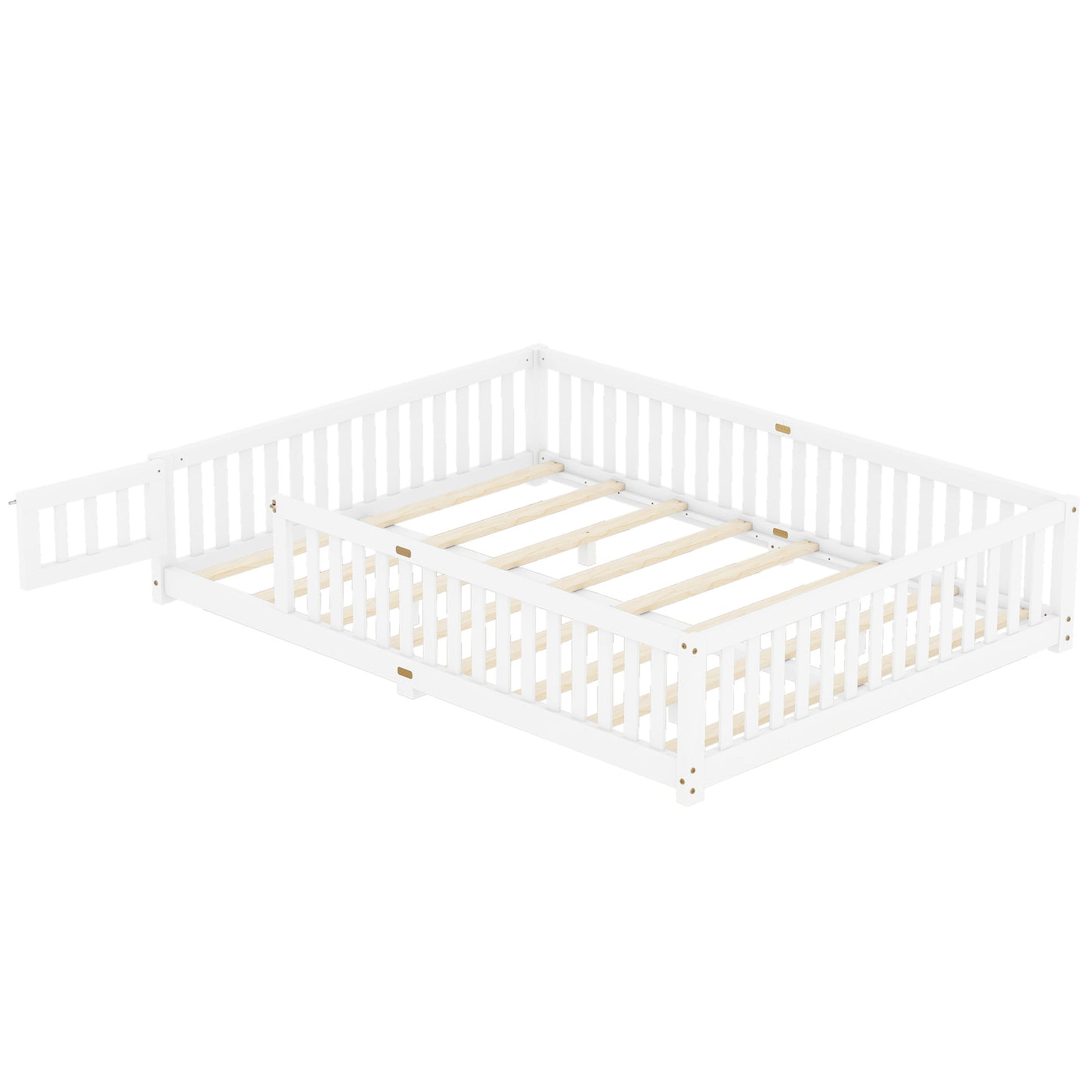 Queen Size Bed Floor Bed with Safety Guardrails and Door for Kids, White