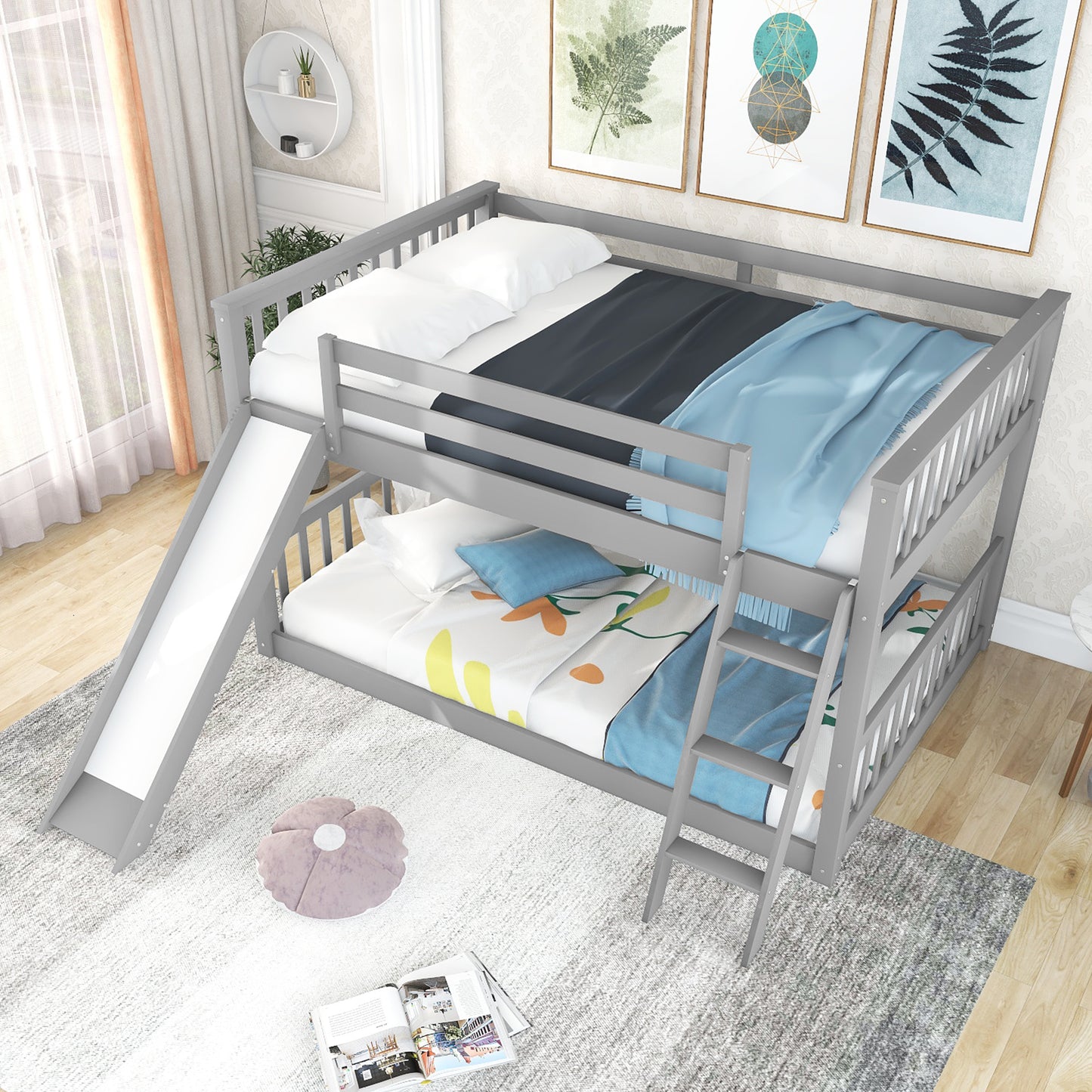 Full over Full Bunk Bed with Convertible Slide and Ladder  Gray