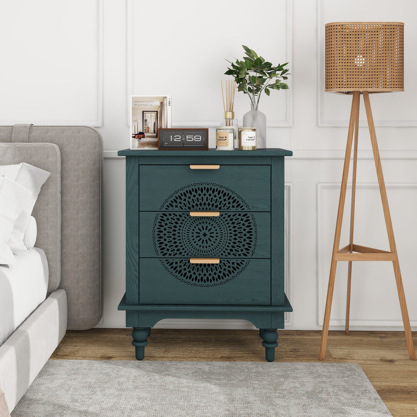 Hollow-Carved 3 Drawer Dresser Storage Chest with Metal Handles For Living Room Bedroom