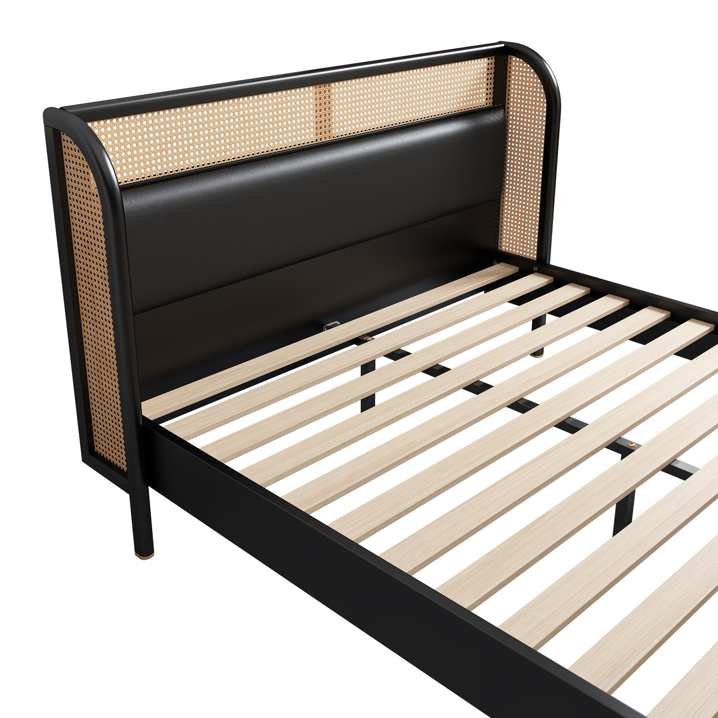 Moderna cama tamaño queen con plataforma de madera de ratán Cannage, acabado negro para dormitorios elegantes