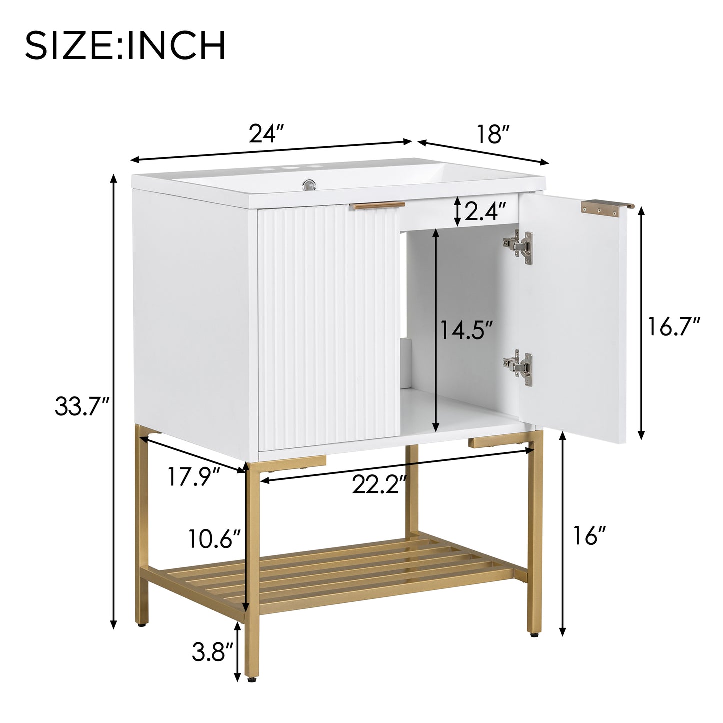 Bathroom Vanity with Sink, Bathroom Vanity Cabinet with Two Doors and Gold Metal Frame, Open Storage Shelf, White