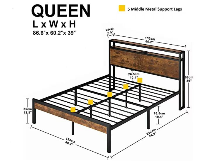 Queen Size Metal Platform Bed Frame with Wooden Headboard and Footboard with USB LINER