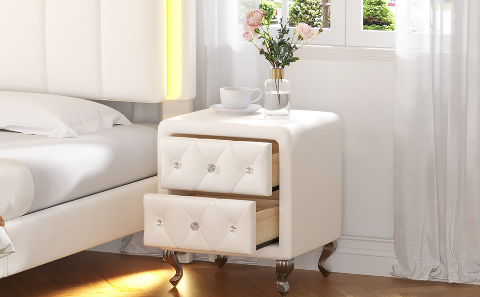 Elegant PU bedside table with 2 drawers and crystal handles, storage with metal legs - white