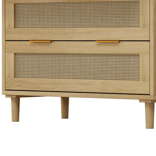 3-Drawer Rattan Storage Cabinet Set of 2, Oak Finish for Bedrooms, Living Rooms, and Hallways