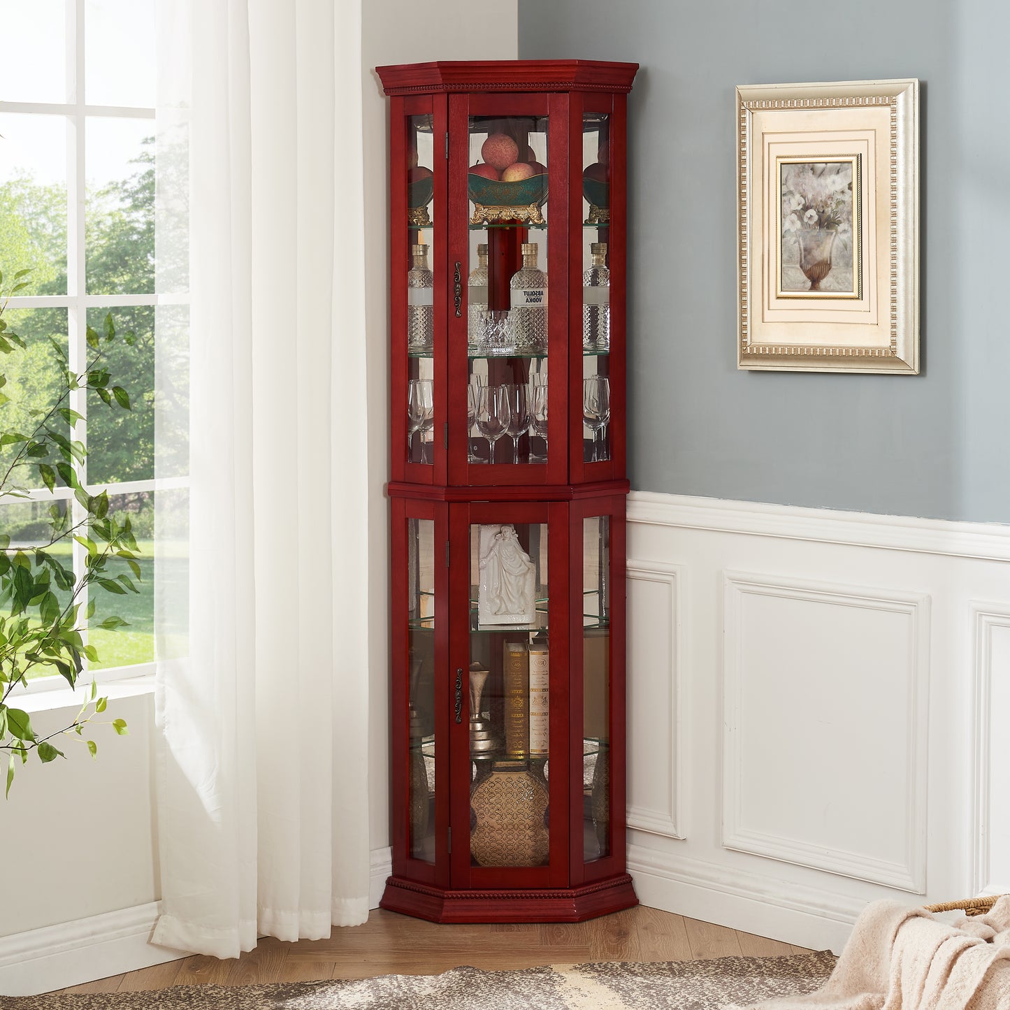 Corner Curio cabinet with illuminated glass display stand and tempered glass door, with adjustable bracket and light bulb