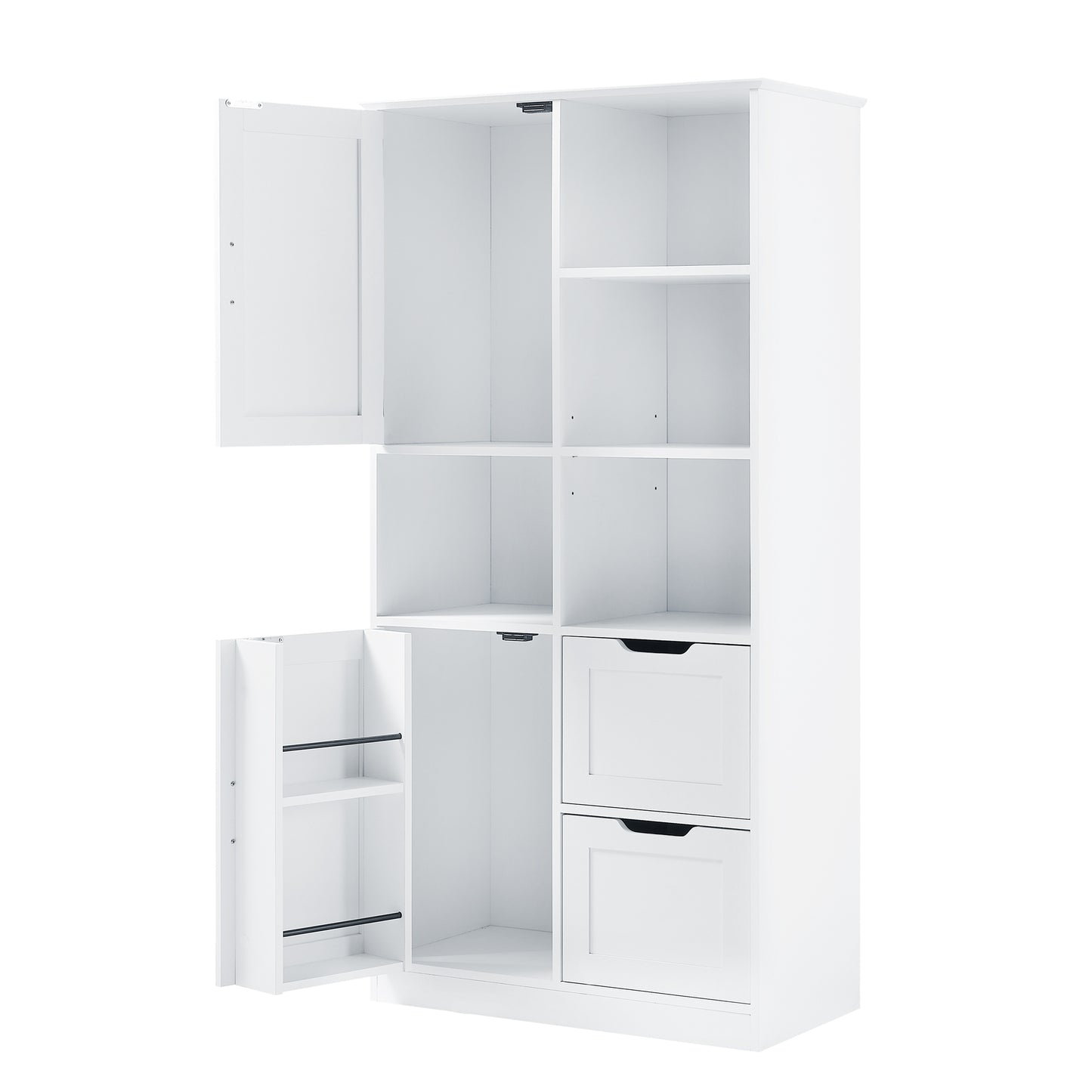 Bathroom storage cabinet with doors and drawers, multiple storage spaces, independent, open adjustable shelves, white