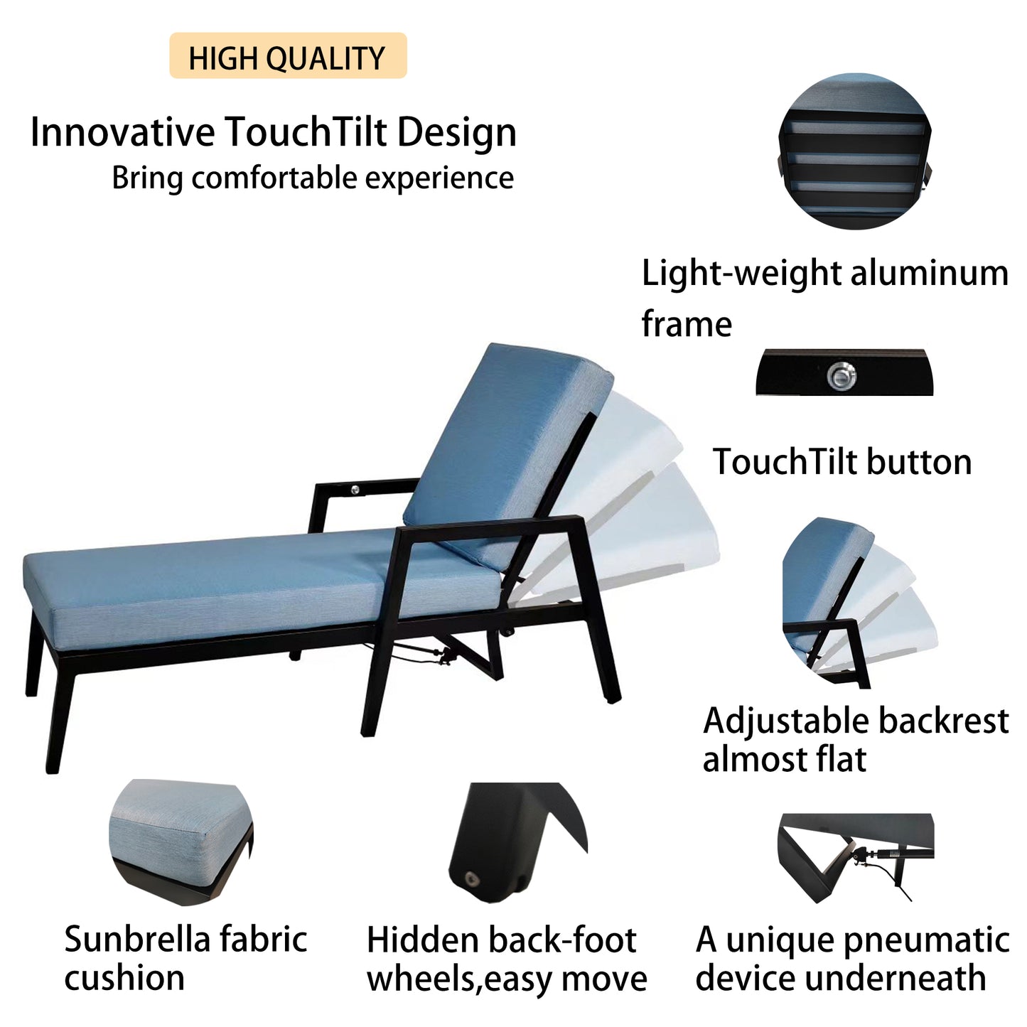 Juego de muebles de patio de aluminio para exteriores de 3 piezas con 2 tumbonas y 1 mesa auxiliar