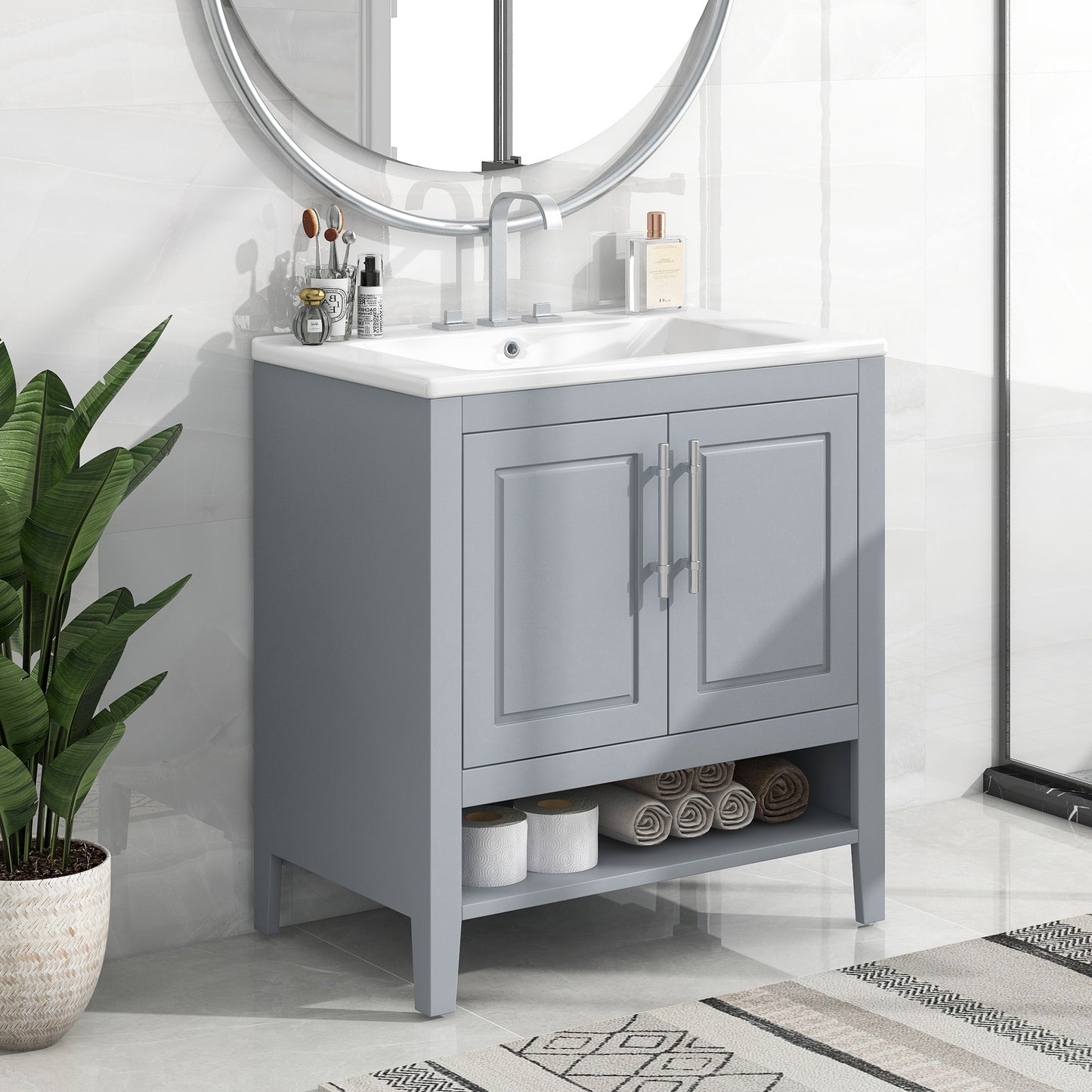 Bathroom Vanity with Sink, Multi-functional Bathroom Cabinet with Doors and Drawers, Solid Frame and MDF Board, Grey