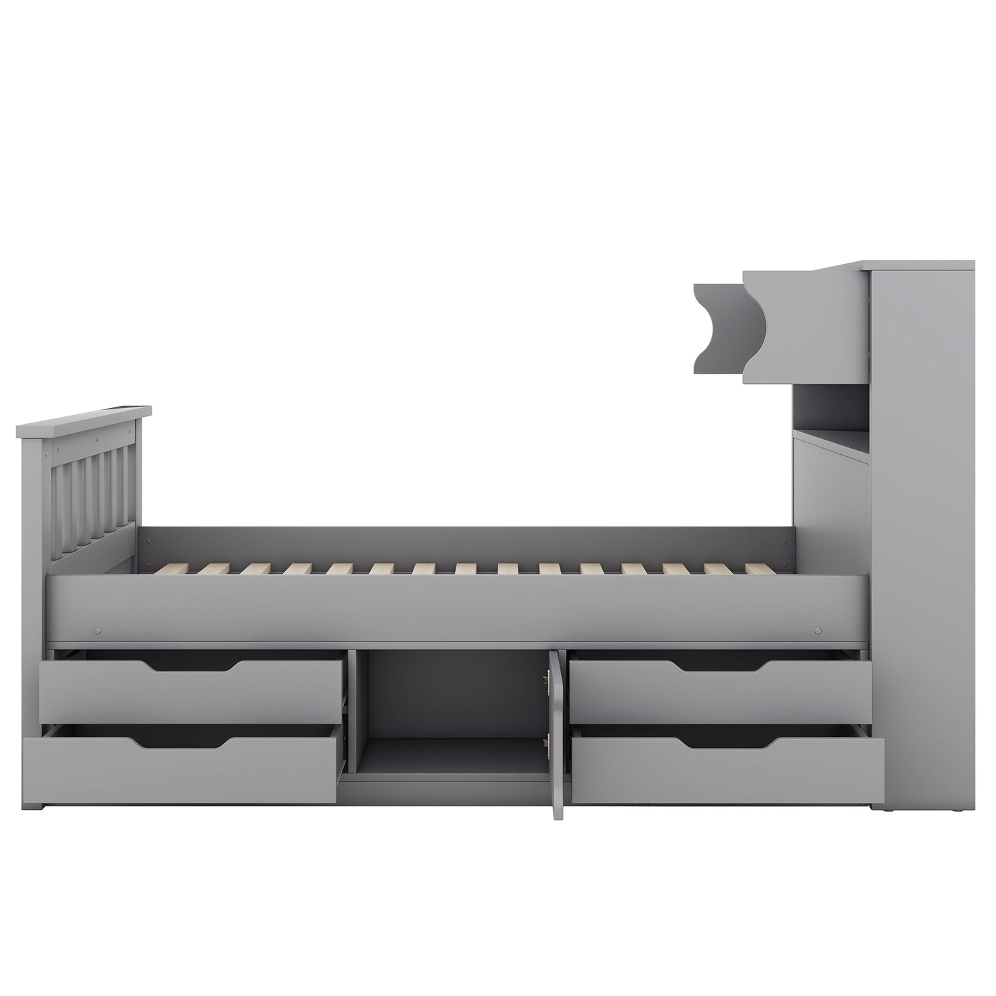 Twin Size Captain Platform Bed Frame with Storage Bookcases and Shelves,Four Drawers, Gray