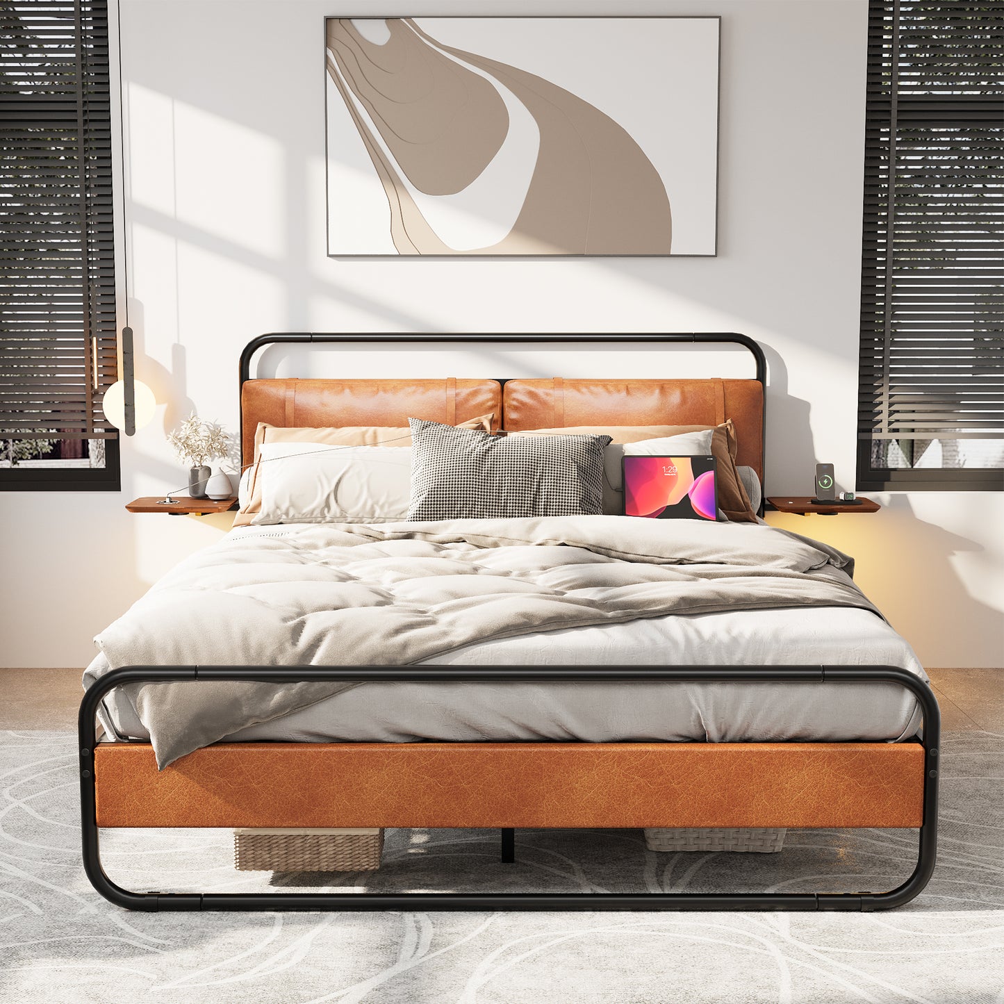 King Size Metal Bed Frame with Upholstered Headboard, with wireless charging and USB A & USB C, Touch LED light Vintage Brown