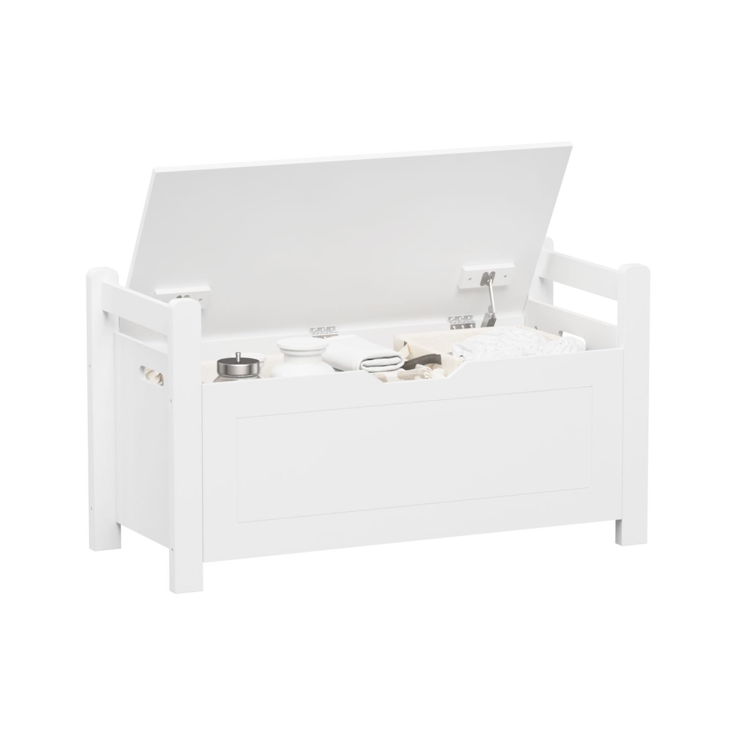 A white rubber wood children's toy box with soft cushioned seats, stools, flip covers, and safety hinges for toy storage