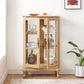 Dual door Curio cabinet with tempered glass doors, mirrored back panel and adjustable shelves, home lighting display cabinet Oak