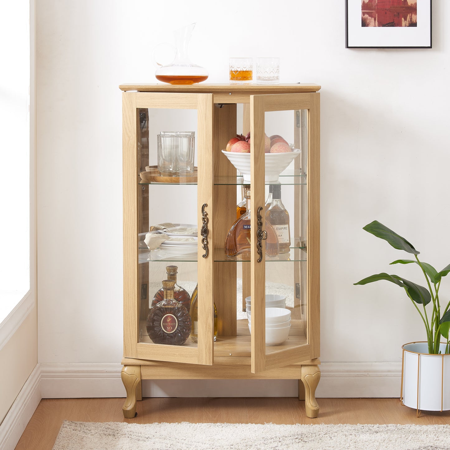 Dual door Curio cabinet with tempered glass doors, mirrored back panel and adjustable shelves, home lighting display cabinet Oak