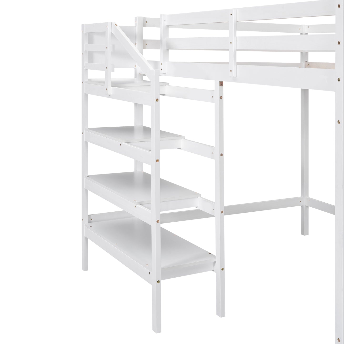 Cama alta de tamaño completo con escalera de almacenamiento incorporada y percha para ropa, acabado blanco