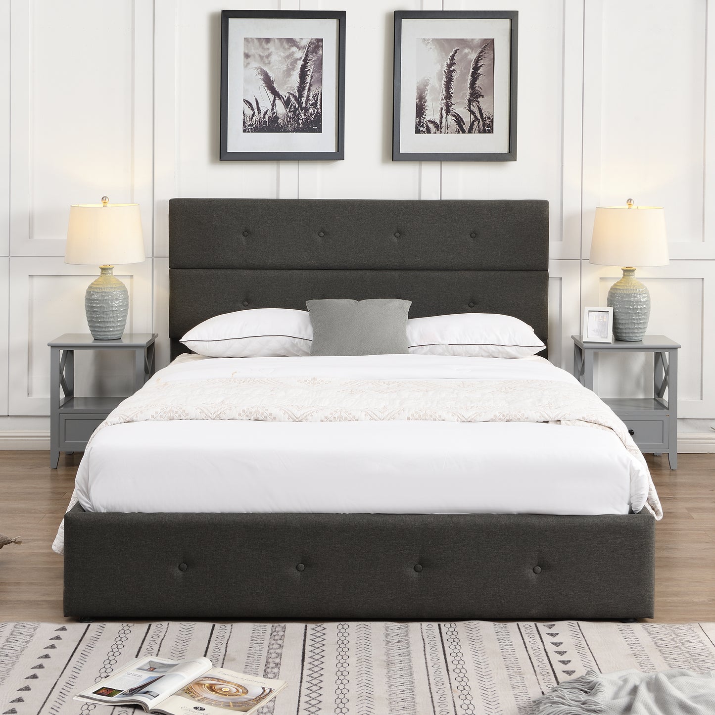 Upholstered Platform Bed with Underneath Storage Queen Size Gray