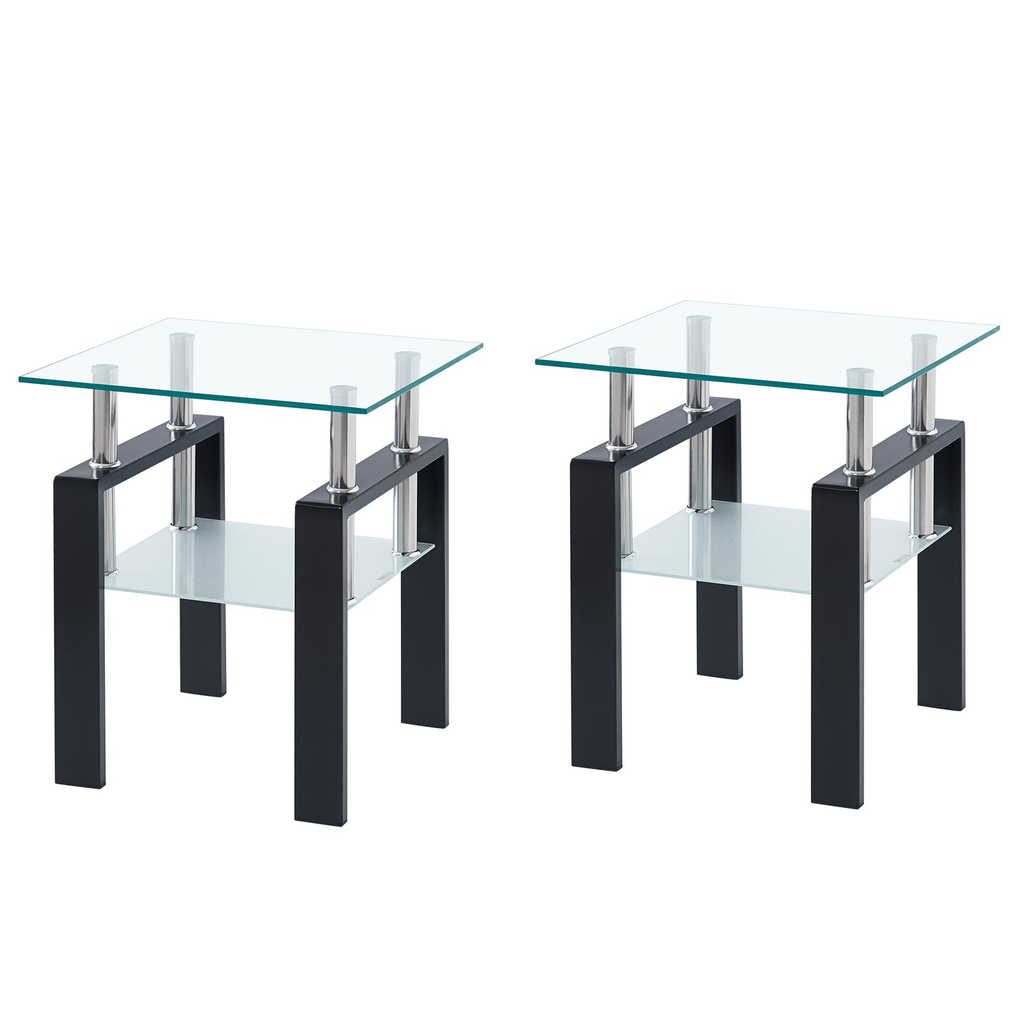 Tempered Transparent Glass End Table 2-Layers Small Table with Storage Living Room Side Table