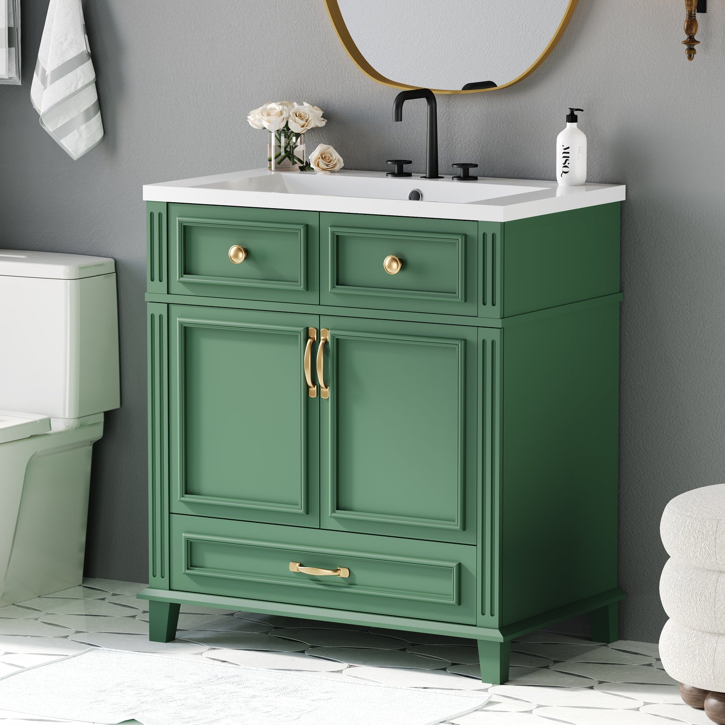 Mueble de baño descubierto de 30" con puerta de cierre suave, gabinete de almacenamiento con marco de madera maciza, acabado verde