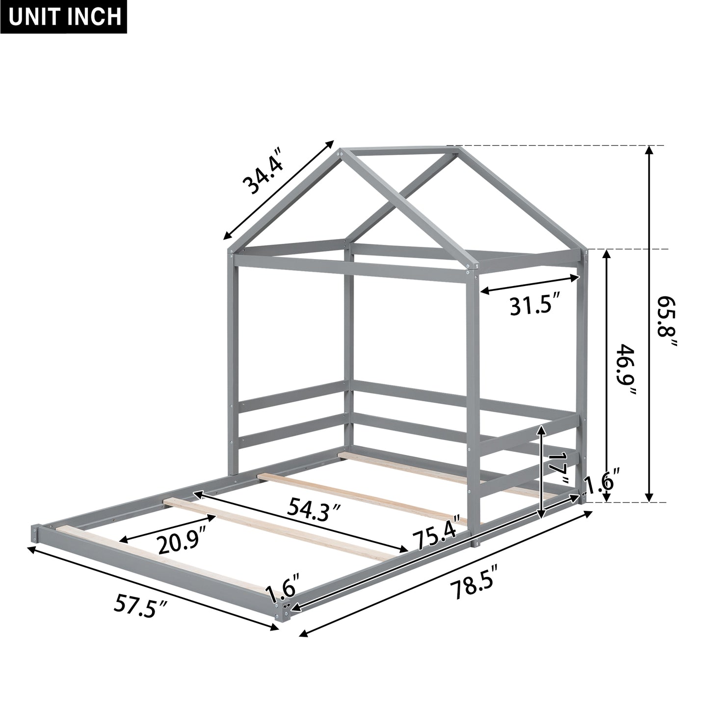 Wood Full Size House Bed with Guardrail, Grey