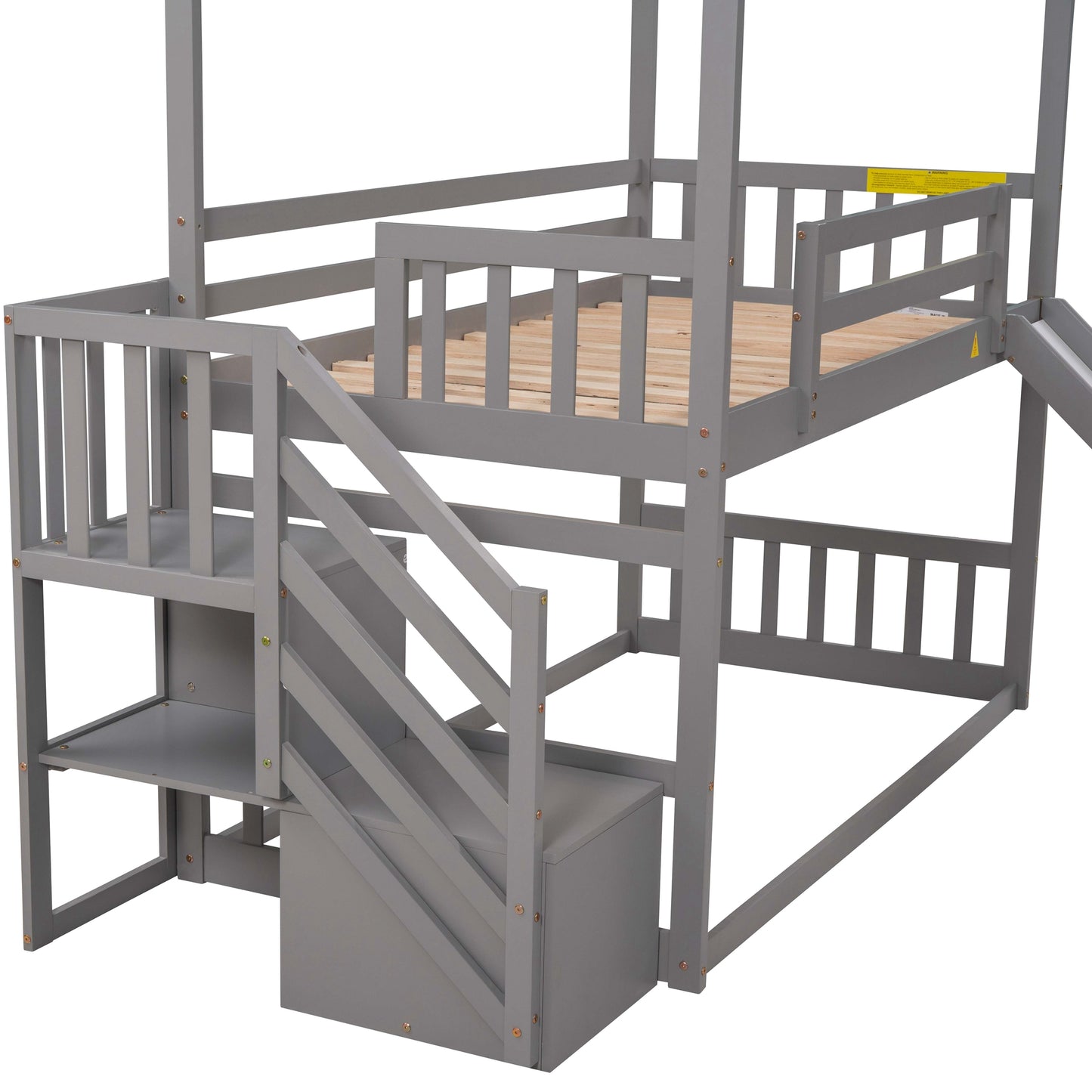 Twin over Twin House Bunk Bed with Convertible Slide and Storage Staircase, Gray Finish