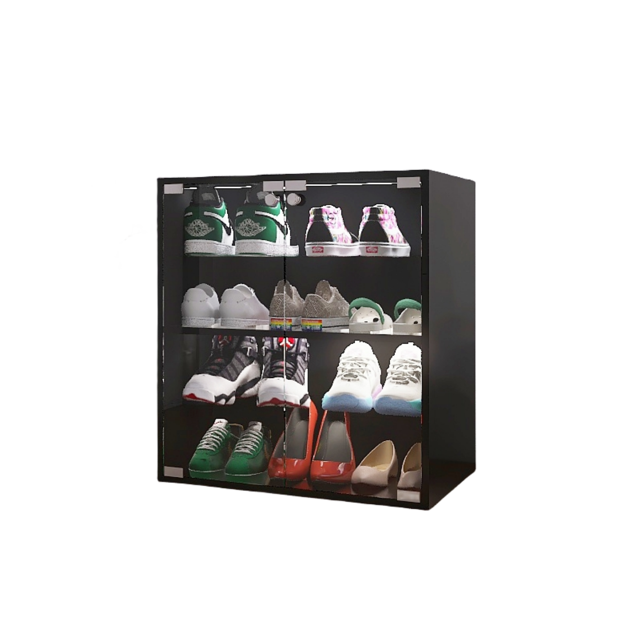 4 Layers Black Shoe Cabinet with Glass Door and Glass Layer Shoes Display Cabinet with LED light Bluetooth Control