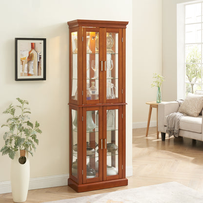 Lighting Curio Diapali Cabinet with Adjustable Shelves, Mirror Back Panel, and Tempered Glass Door, Walnut Wood