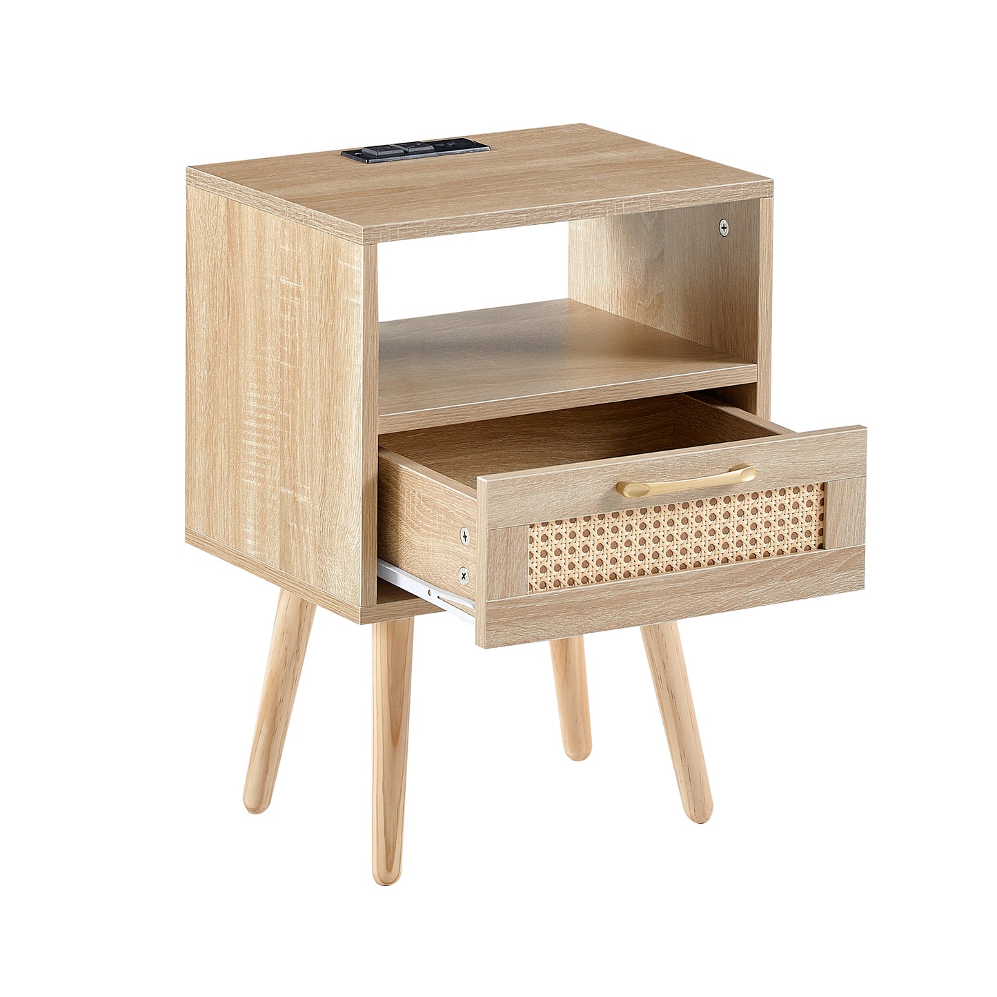 Rattan End table with Power Outlet & USB Ports Modern nightstand with drawer and solid wood legs