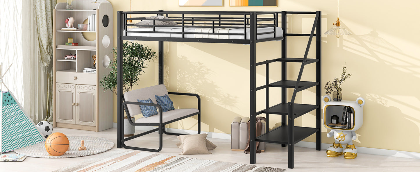 Twin Size Metal Loft Bed with Bench and Storage Staircase  Black