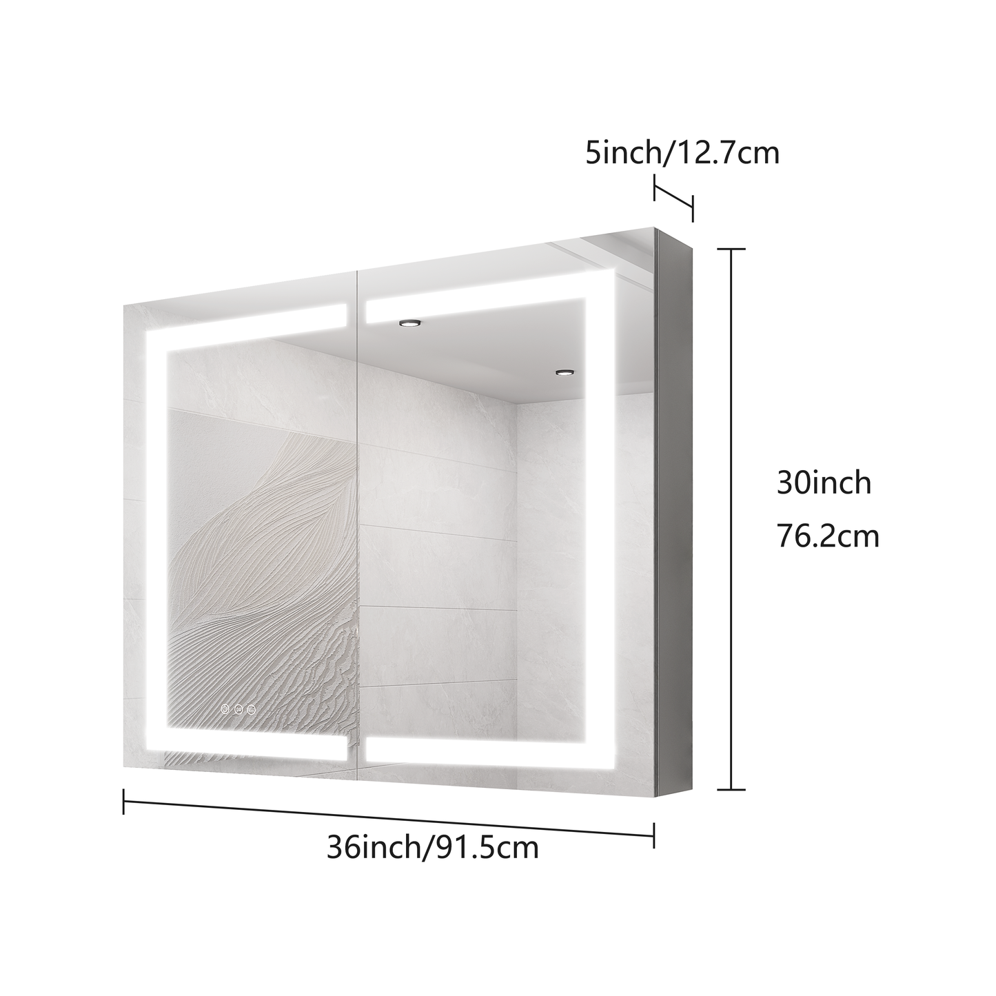 Botiquín de 36 x 30 pulgadas con espejo de tocador LED, luces antivaho, regulables e interruptor táctil, acabado de aluminio