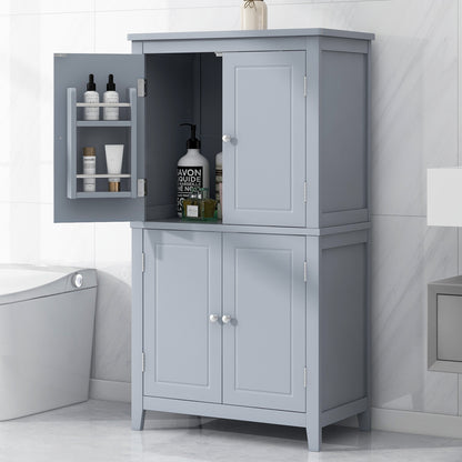 Bathroom floor storage cabinet, bathroom storage cabinet, 4-door independent cabinet, adjustable shelf, adaptive shelf, gray