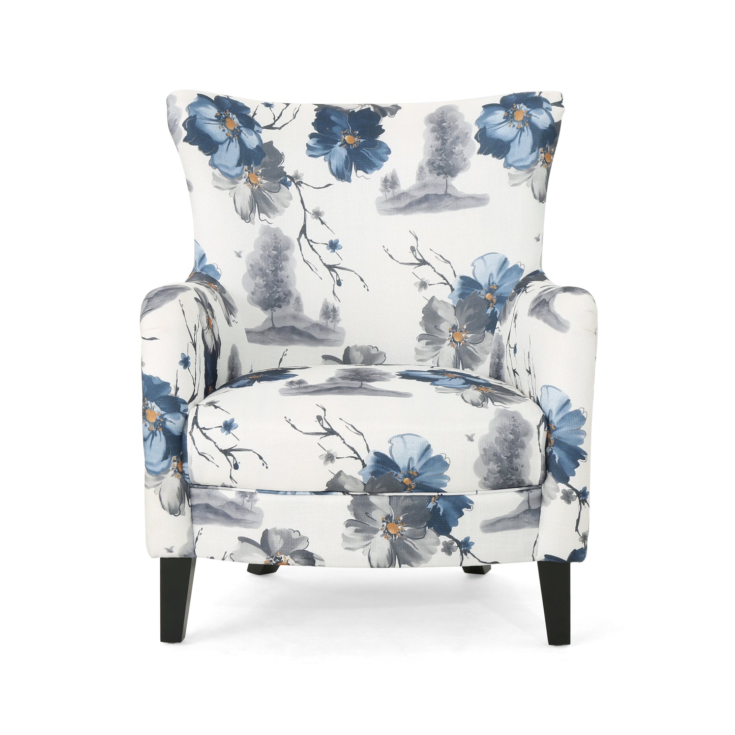 Sillón moderno de tela estampada retro, sillón con estampado blanco y azul para salas de estar