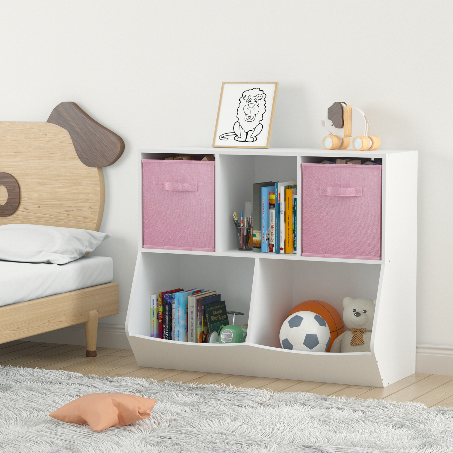 Kids Bookcase with Collapsible Fabric Drawers Children's Toy Storage Cabinet for Playroom White/Pink