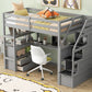 Twin Size Loft Bed with Desk and Shelves Two Built-in Drawers, Storage Staircase Gray