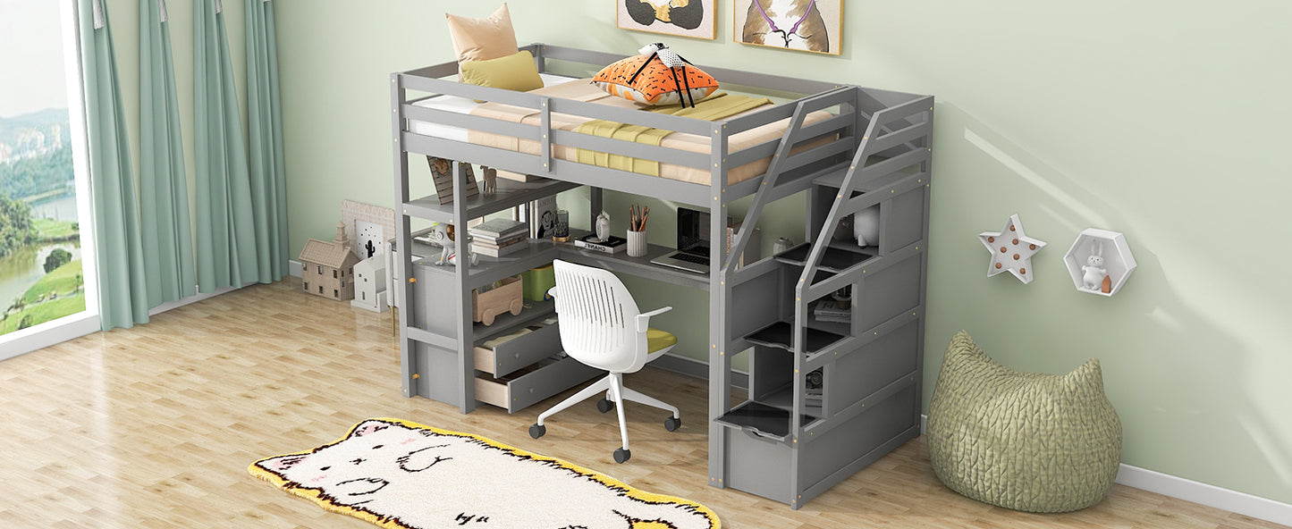 Twin Size Loft Bed with Desk and Shelves Two Built-in Drawers, Storage Staircase Gray