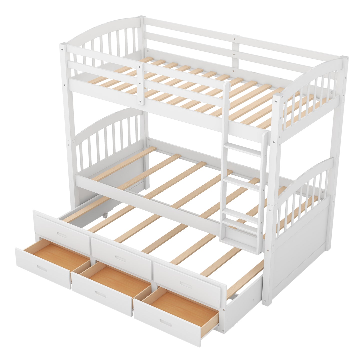 Twin over Twin Wood Bunk Bed with Trundle and Drawers White