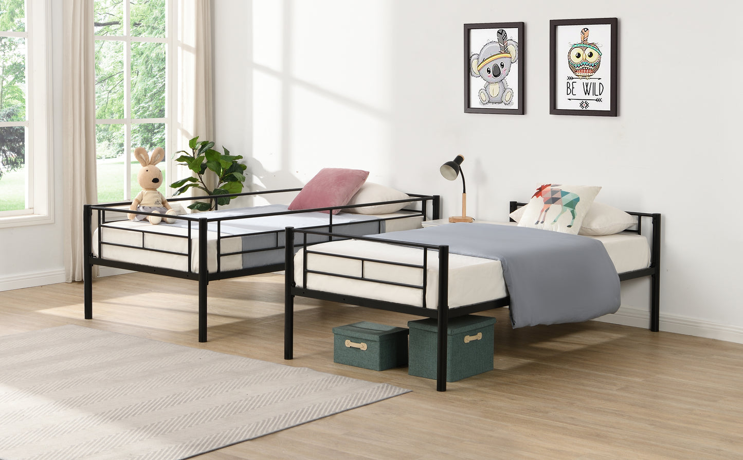 Cama de dos pisos con cama superior tamaño twin, 2 escaleras y barandilla de longitud completa, acabado negro