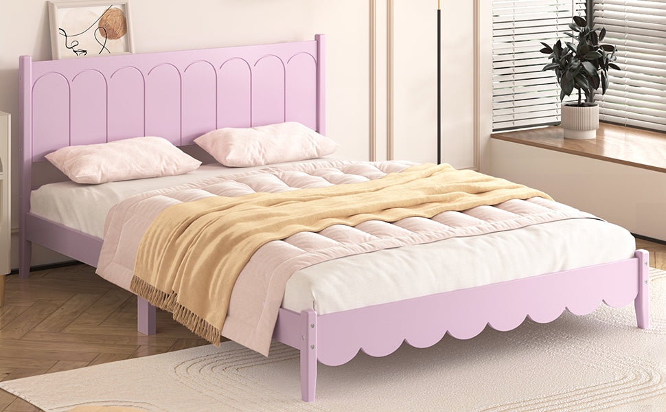 Queen Size Wood Platform Bed Frame, Retro Style Bed with Rectangular Headboard,No Need Box Spring,Pink