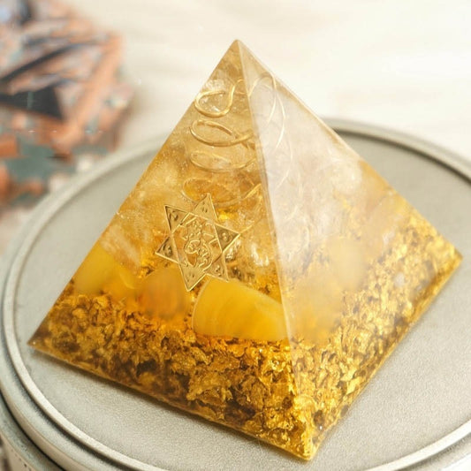 Orgonite Pyramid 5cm symbolizes the lucky citrine pyramid energy converter to gather wealth and prosperity resin decor